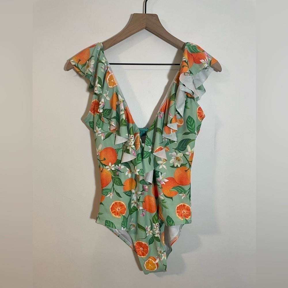 NWT Binlowis Deep V Neck Flounce One Piece Swimsuit Orange Print Ruffle Small